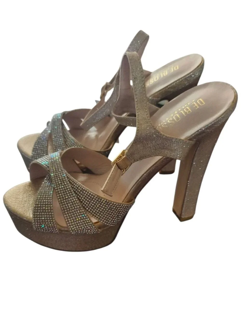 De Blossom Womens Rhinestone Gold Glitter Platform Heels Champagne Size 8